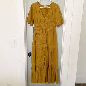 Lucky Brand Mustard Tiered Button Front Maxi Dress Puff Sleeve Small Cottagecore